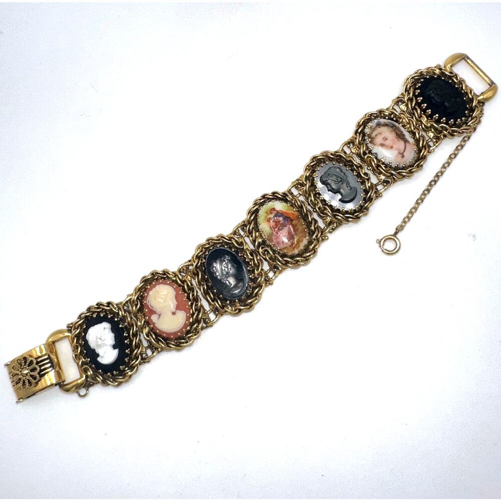 Vintage Victorian Revival gold tone 7 intaglio cameos portraits panel bracelet